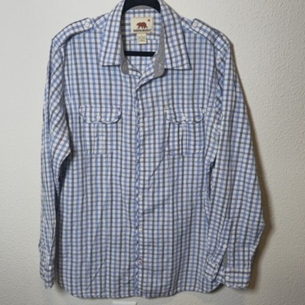 Dakota Grizzly Men’s Plaid Button Down Shirt Size Large Blue White Cotton Long